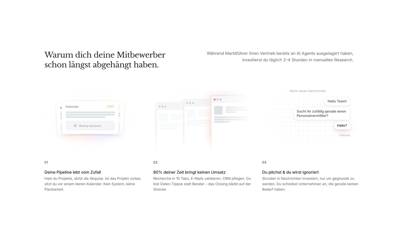 German website section "Warum dich deine Mitbewerber schon längst abgehängt haben" with three numbered feature panels below the headline