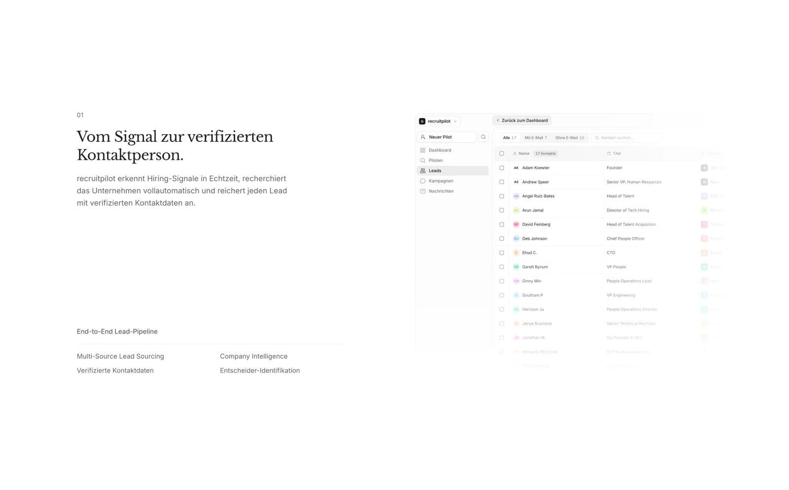 recruitpilot website section "Vom Signal zur verifizierten Kontaktperson" next to a lead dashboard listing candidate names, titles and contact status