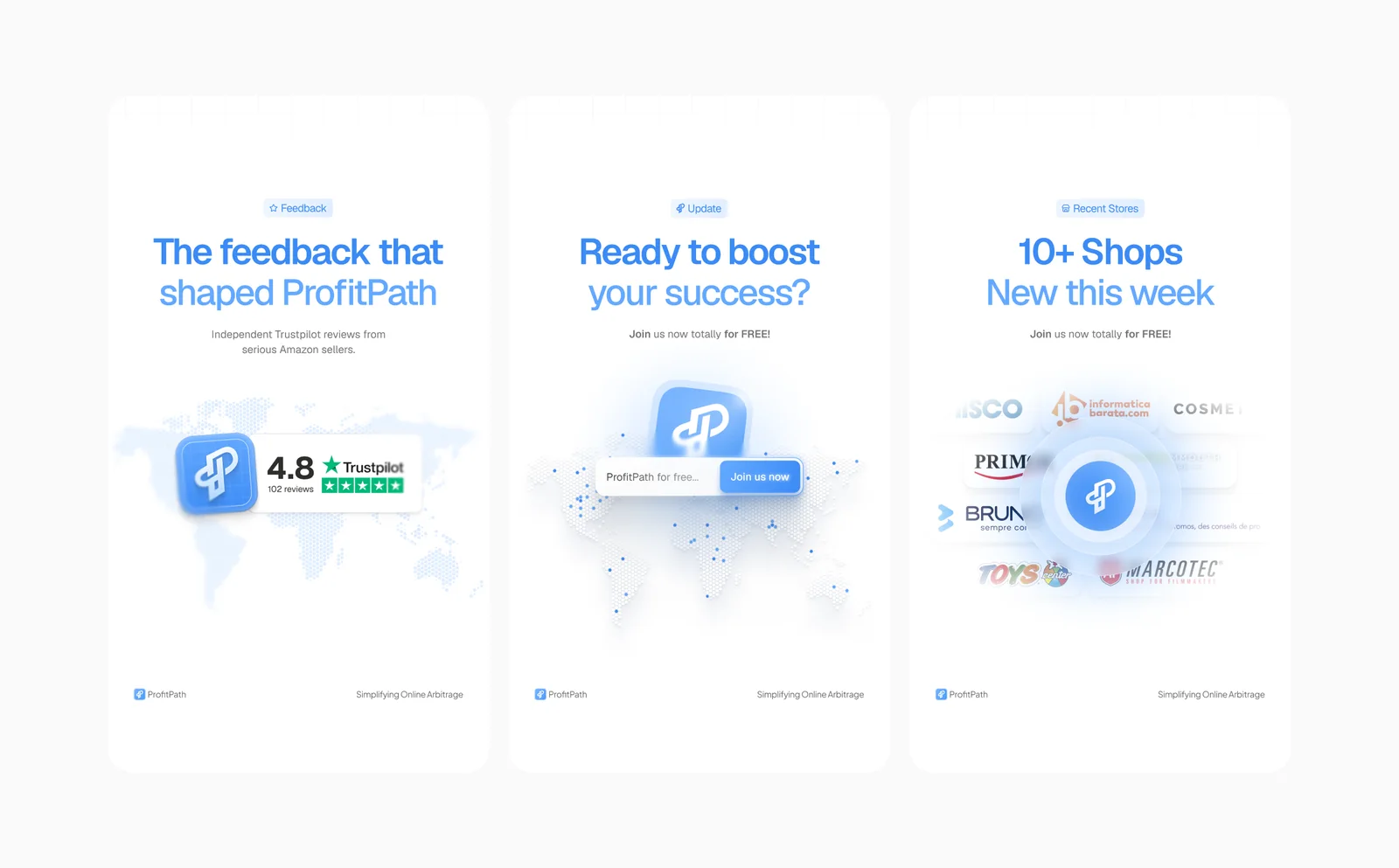 Three light blue ProfitPath marketing cards: a 4.8 Trustpilot rating, a "Ready to boost your success?" promotion and a "10+ Shops new this week" logo wall