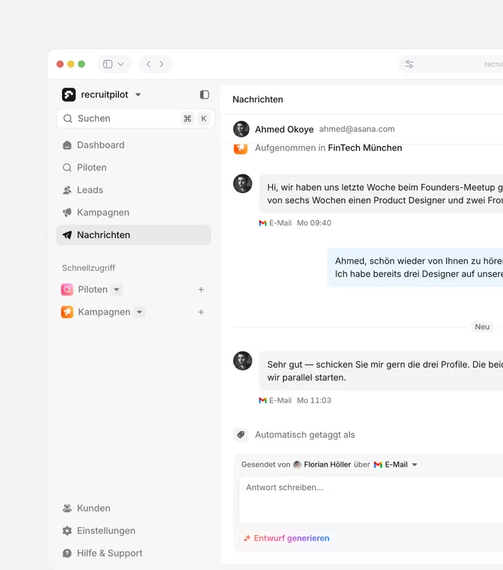 recruitpilot messages screen: an email thread with a hiring lead, tagged automatically, with a reply box and a generate draft action